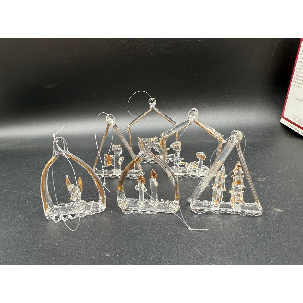 Set 6 Vintage Glass Ornaments Blown Nativity Angel Scenes Clear with Gold Trim